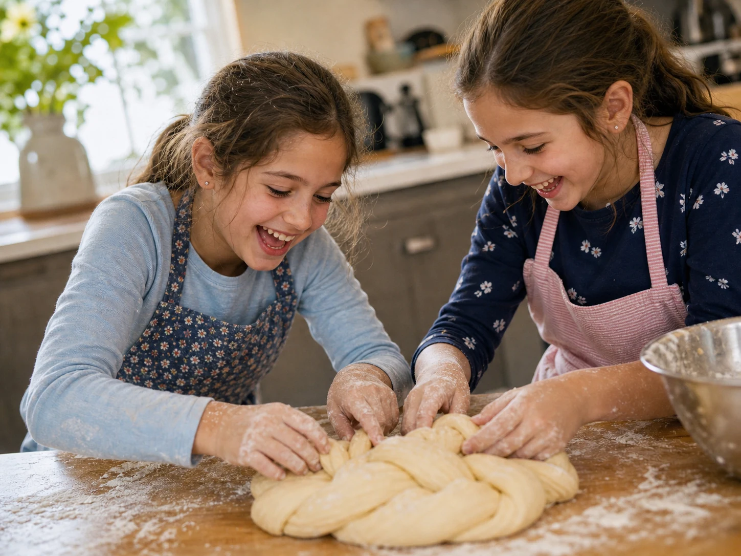 Girls baking challah at Kosher Culinary Camp