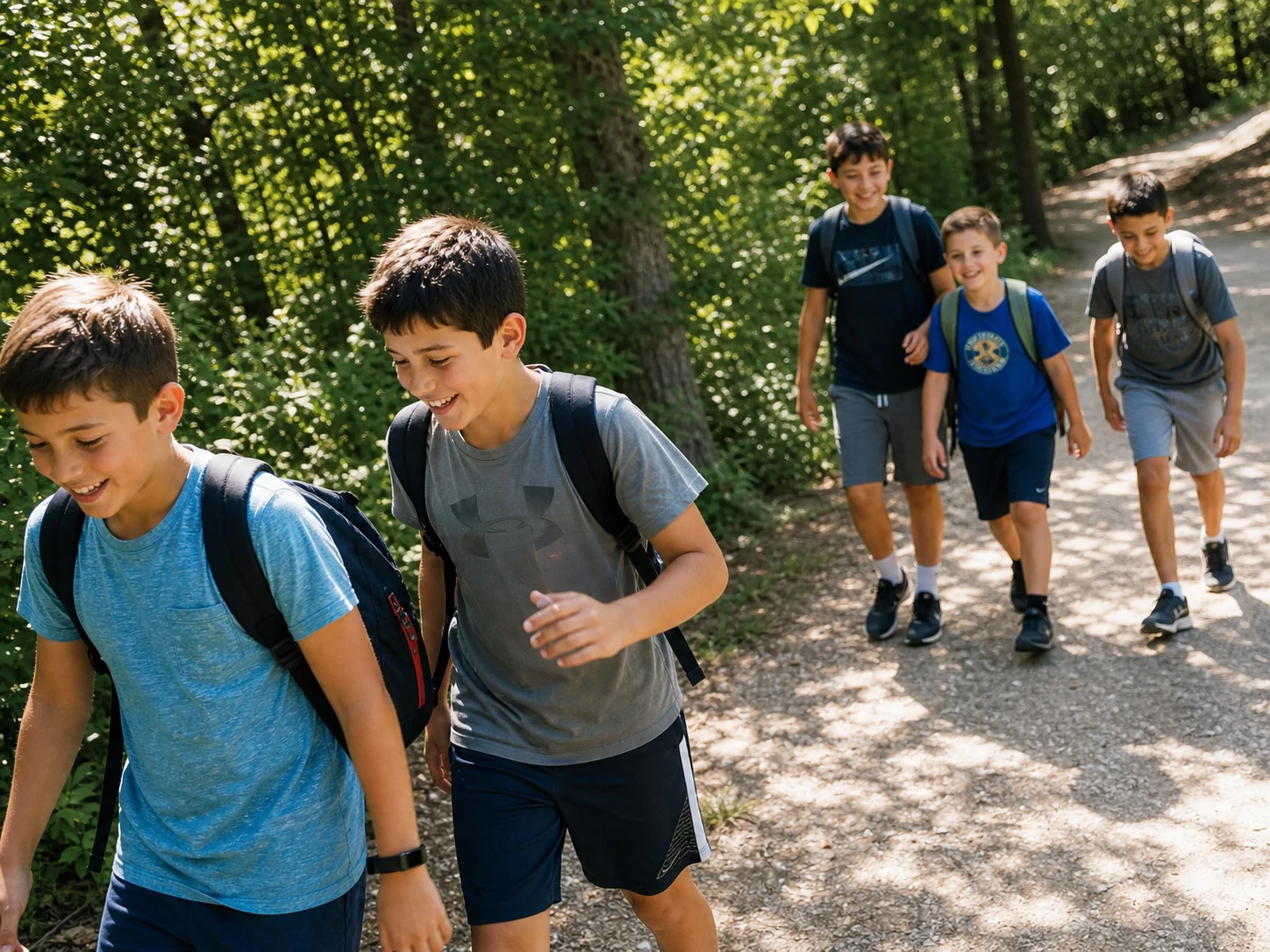 Boys walking together on a summer camp trip