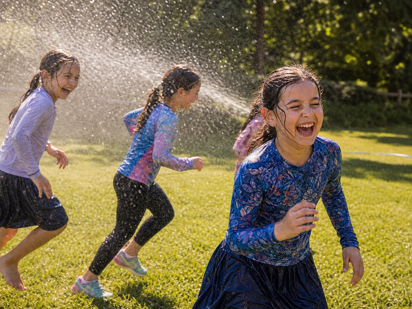 Girls running through a sprinkler at camp