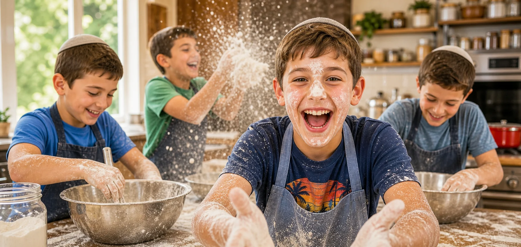 Boys laughing and baking together at Kosher Culinary Camp